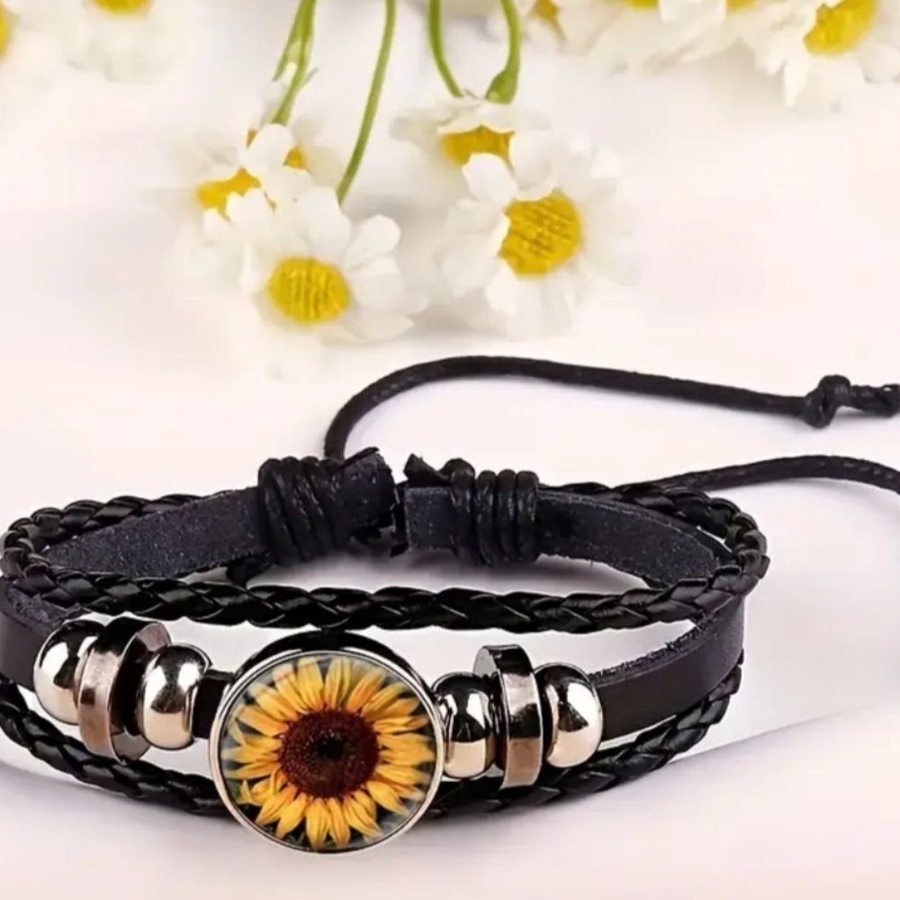 2/30$ Or‎ 3/$35 NEW Y2K Sunflower Charm Black PU Leather Bracelet (#026)